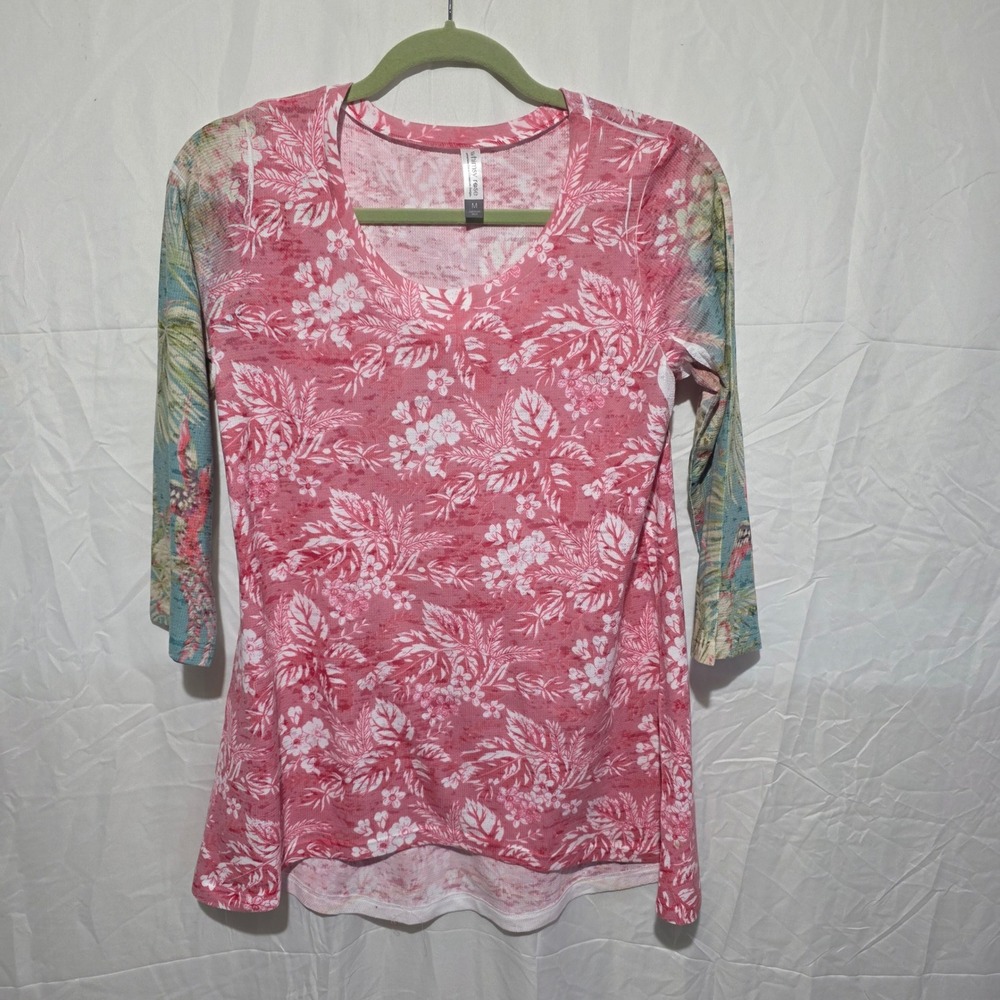 Whimsy Rose Pink Floral Burnout Knit Tunic Top 3/4 Sleeve Size M American Made